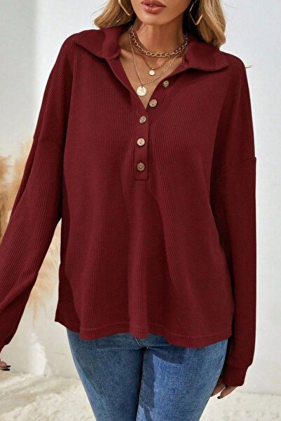 Mossta Buttoned Oversized Waffle Blouse - Burgundy