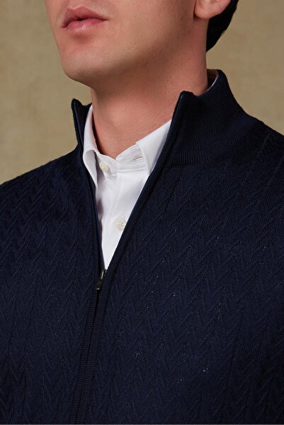 Abbate Seta Knitted Fabric Wool Modern Fit Navy Blue Mock Neck Men's Patterned Knitwear