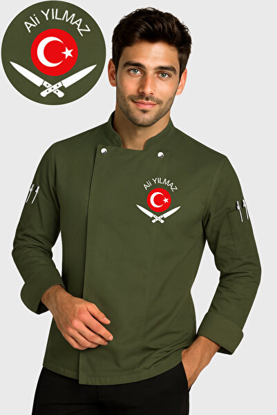 Üniformanya Jachetă de bucătar verde kaki cu broderie cu steagul turcesc și cuțit, haină de bucătar kaki, îmbrăcăminte de bucătar