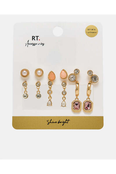 REDTAG مجموعة أقراط نسائية مرصعة بالذهب (6 قطع)