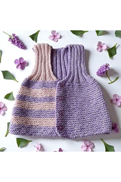 The Cloudish Shop Baby Hand Knitted Vest Pink Lilac Striped 12-18 Months