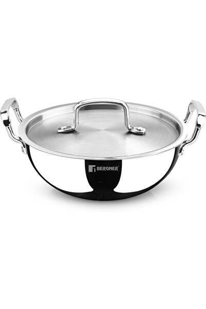 Bergner 22 cm Tri-Pro Stainless Steel Deep Kadai with Lid, 2.8 L, Silver