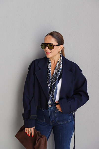 Purple by Banu Navy Blue Belted Short Trench Coat