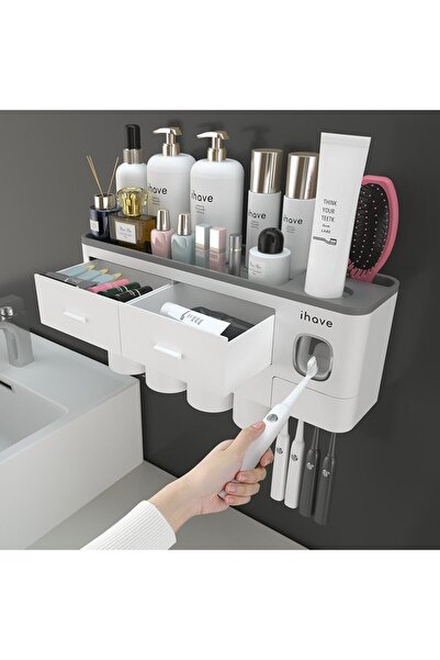 İhave حامل فرشاة أسنان حائطي مع 4 أكواب، موزع معجون أسنان، صينية كبيرة ودرج