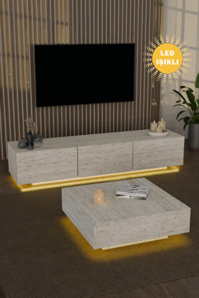 webotto 8 Almad Led Işıklı Tv Ünitesi ve Led Işıklı Kare Orta Sehpa Takımı Bohem Tarz Modern Tasarım Traverten