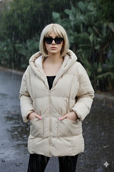 İpli Γυναικείο πουπουλένιο παλτό – oversized , Με μπροστινή τσέπη, Αντιανεμικό, Χειμερινό με κουκούλα