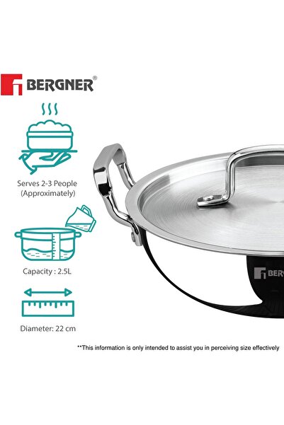 Bergner 22 cm Tri-Pro Stainless Steel Deep Kadai with Lid, 2.8 L, Silver