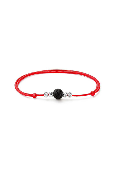 HANNY Red string bracelet with silver balls and semi-precious stone – adjustable, LAVA