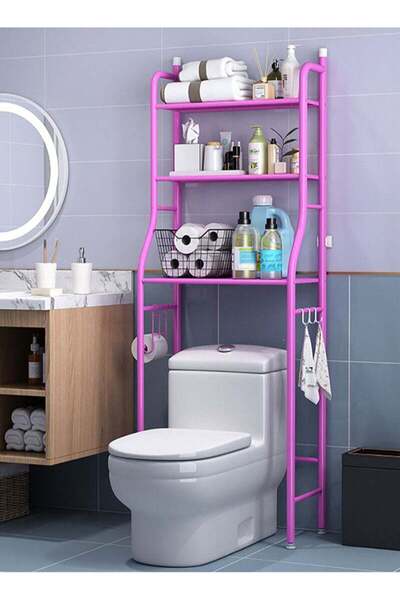 AGD رف تخزين للحمام فوق المرحاض بثلاث طبقات معدني موفر للمساحة باللون الوردي