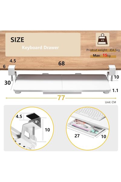 Generic ETHU Under-Desk Keyboard Tray, Pull-Out Keyboard & Mouse Tray with C-Clamp, White