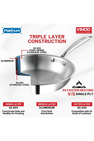 Vinod Platinum Triple-Layer Stainless Steel Frying Pan, 18 cm, Silver