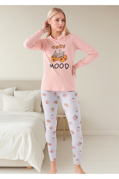 Loule Women's Powder “Cozy Mood” Printed 100% Cotton Long Sleeve Pajamas Set