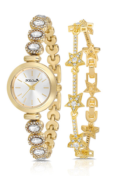 Polo Air Lüx Taşlı Kordon Kadın Kol Saati Yıldız Bileklik Kombin Gold Renk PL...