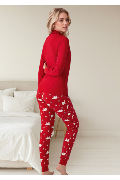 Loule Women's Red “Dream Big Little One” 100% Cotton Fleece Bear Pattern Pajama Set