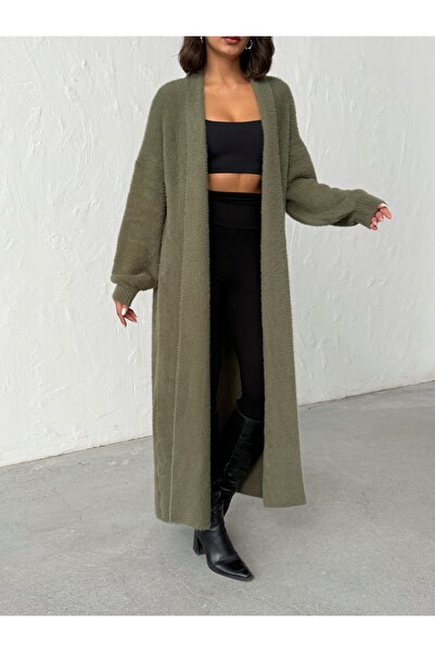 BEJNA Women's Khaki Soft Textured Long Knitwear Cardigan