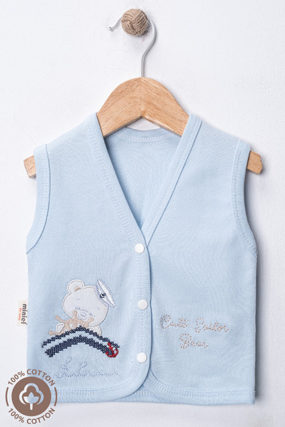 Miniel Baby Boy Captain Teddy Bear Embroidered Organic Cotton 3-6-9 Months 2-Piece Combed Cotton Baby Vest