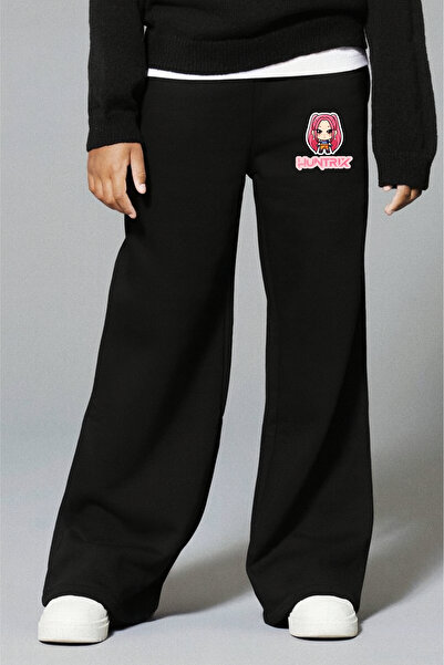 fasardi Kpop Demon Hunters Huntrix Mira Printed 3 Thread Girls' Black Wide-Leg Sweatpants – Comfortable