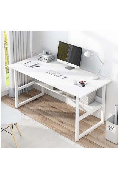 AGD Computer Table With Bookshelf Home Desk For Gaming Writing And Studying - White 120x55x73 cm
