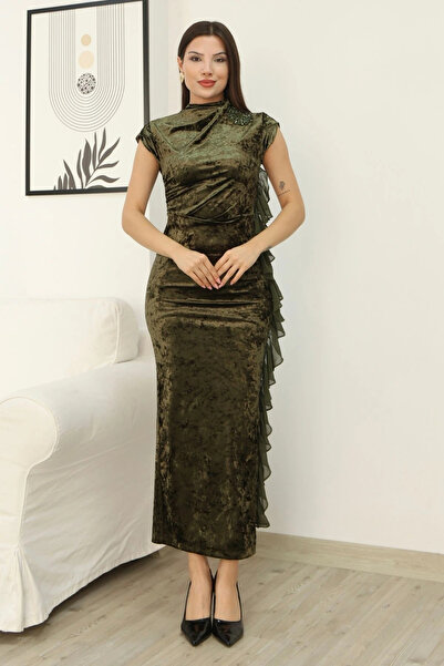 lodmela Velvet Evening Dress with Floral Brooch and Ruffle Detail 6062-Khaki