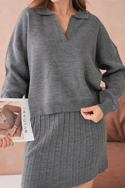 Park Karon Women's Polo Neck Half Placket Sweater Skirt Two-Piece Knitwear Set