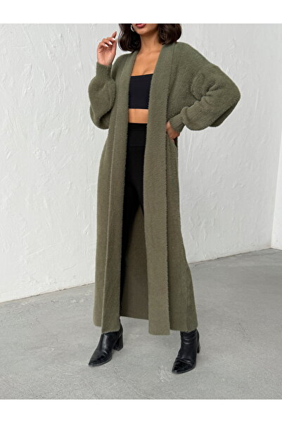 BEJNA Women's Khaki Soft Textured Long Knitwear Cardigan