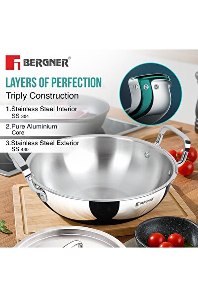 Bergner 22 cm Tri-Pro Stainless Steel Deep Kadai with Lid, 2.8 L, Silver