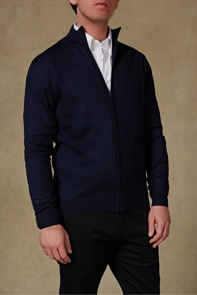 Abbate Seta Knitted Fabric Wool Modern Fit Navy Blue Mock Neck Men's Plain Knitwear