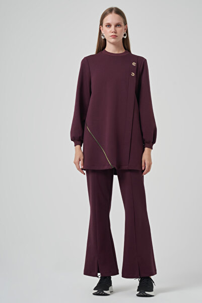 Nuss Stone Brooch and Zipper Detail Tunic Trousers Set 1024 Burgundy