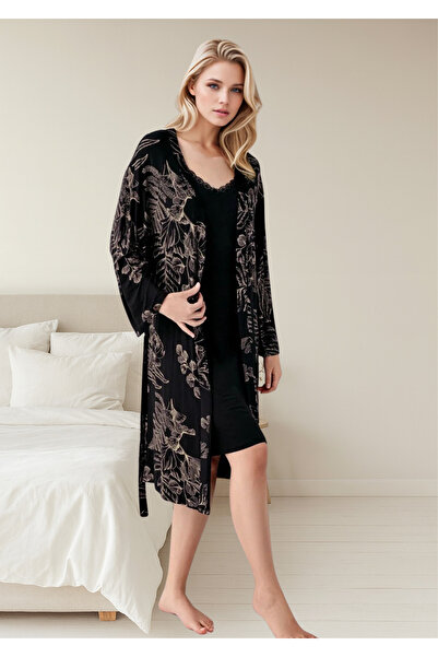 Loule Women's Black Floral Patterned 50% Cotton 50% Modal Dressing Gown Nightgown Set