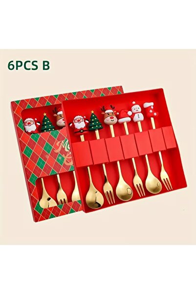 Dodemert Home Christmas New Year Themed Stainless Steel Silver Fork Spoon Set for 3 People 6 Pieces