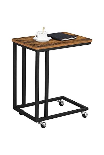 VOGMAX طاولة جانبية على شكل حرف C مع صينية تلفزيون بإطار معدني وعجلات دوارة، لون الجوز الداكن