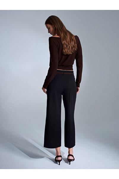 Dilvin 71276 Side Zippered Belted Fabric Trousers-Black