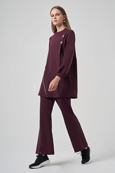 Nuss Stone Brooch and Zipper Detail Tunic Trousers Set 1024 Burgundy