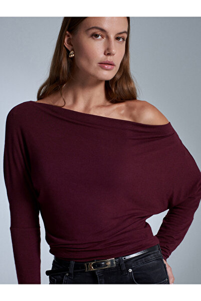 Dilvin 32312 Wool Blend One Shoulder Top-Burgundy