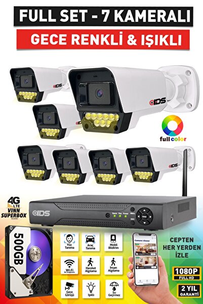 IDS 7 KAMERALI 1080P FULLHD 5MP LENSLİ 9 LED RENKLİ GECE GÖRÜŞLÜ GÜVENLİK KAMERASI SETİ - 500GB