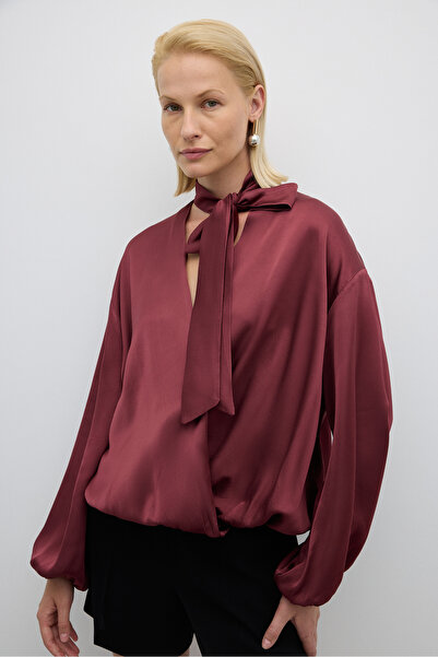 Roman Fular Bağlamalı Kruvaze Saten Bluz Bordo K2652005_008