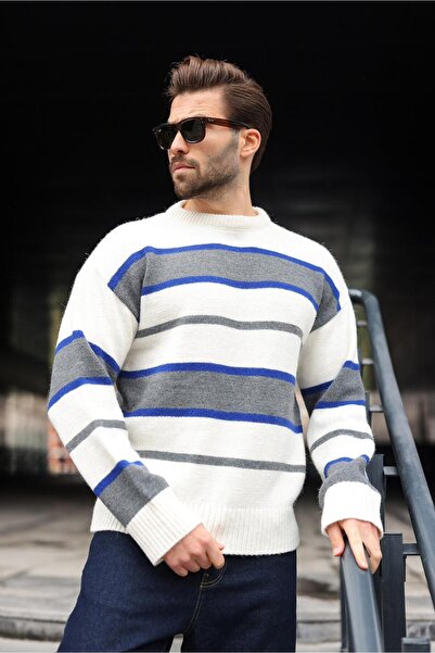 Madmext Ανδρικό πουλόβερ με ριγέ πλεκτό λαιμόκοψη σε χρώμα κόκκαλου E7455