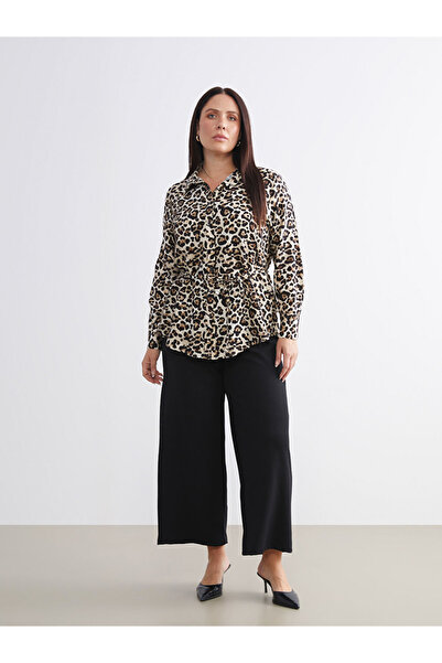 LC Waikiki Modest Black Plus Size Elastic Waist Wide Leg Women's Trousers