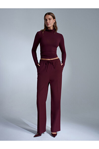 Dilvin 72209 Elastic Waist Trousers-Burgundy