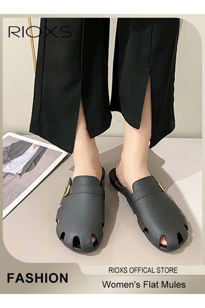 RIOXS صنادل مسطحة نسائية، صنادل كلاسيكية ذات مقدمة مستديرة وتفاصيل إبزيم، سهلة الارتداء وعصرية