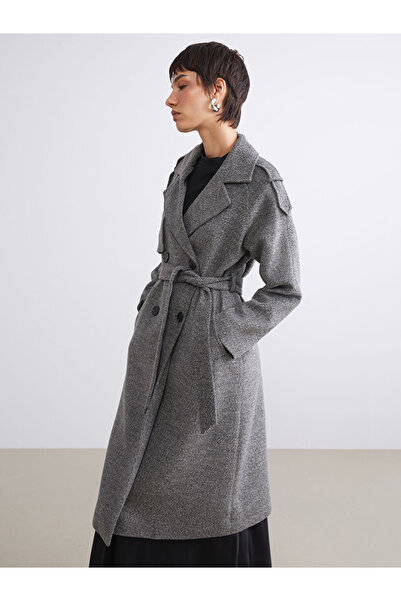 LC Waikiki Vision Gray Jacket Collar Patterned Oversized Women's Cashmere Coat