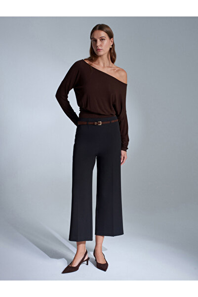 Dilvin 71276 Side Zippered Belted Fabric Trousers-Black