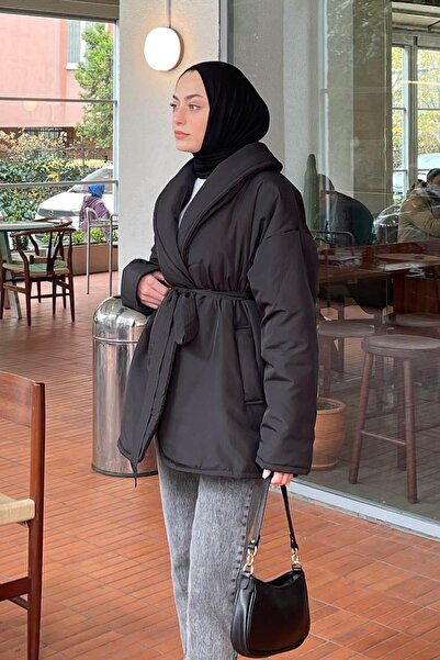 lamelif Plain Belted Puffer Coat Black