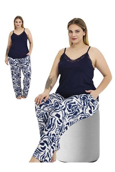 aynora Women's Patterned Lace Detailed Thin Strap Plus Size Pajama Set