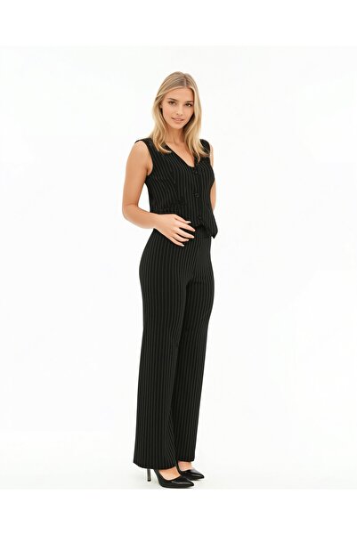 Lexsina Button-Front Striped Vest Pants Bottom Top Two-Piece Set