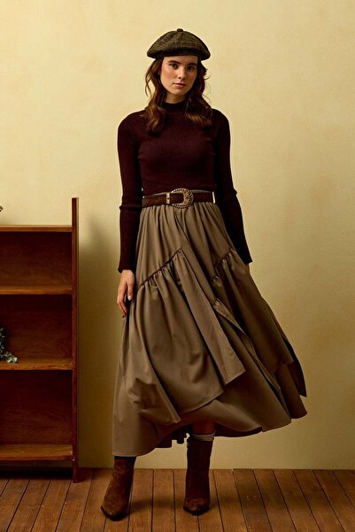 Ceylan Otantik Mink Striped Polyviscose Bohemian Floor Skirt