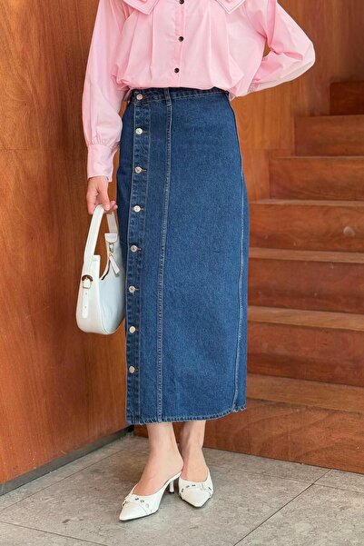 lamelif Buttoned Denim Skirt Dark Blue