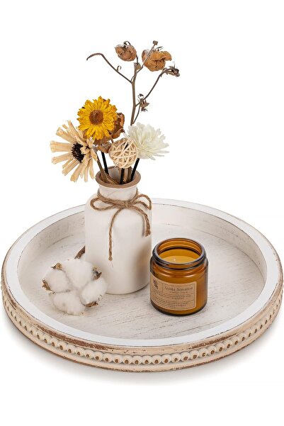 Hanobe Decorative Round Wooden Serving Tray, White-Washed Bead Edge, 30cm Rustic Farmhouse Centerpie