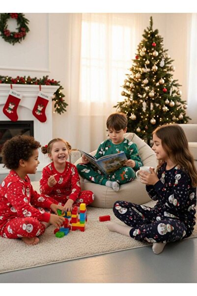 Elidabutik New Year / New Year Unisex Snowman Patterned Red Children's Pajama Set