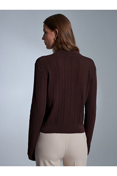 Dilvin 10827 Polo Neck Slim Knit Blouse-Brown